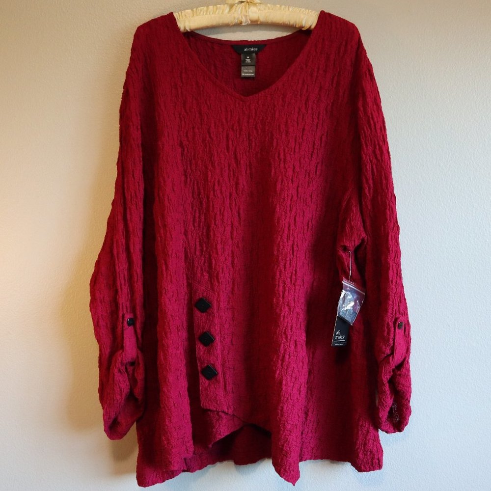 Ali Miles Maroon Pink Red Textured Rolled Sleeve Shirt with Cute Buttons 3X